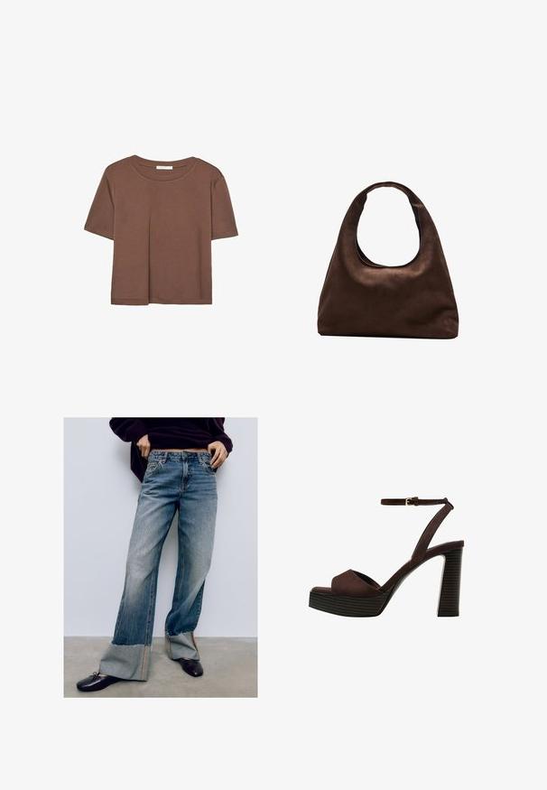 Smeđi kratki rukav majica od mekog materijala, s okruglim izrezom i opuštenim krojem. Nema vidljivih uzoraka ili naglasaka.; Svijetloplave traper široke hlače s poderanim rubovima, s kontrastnim šavovima i opuštenim krojem. Uparene s tamnim ravnim cipelama.; Smeđe zamšaste sandale s visokim potpeticama, otvorenim prstima, podesivom trakicom oko gležnja i prugastom platformom.; Meka mekana smeđa torba hobo stila s jednim širokim remenom i zakrivljenim otvaranjem na vrhu, prikazana na bijeloj pozadini.