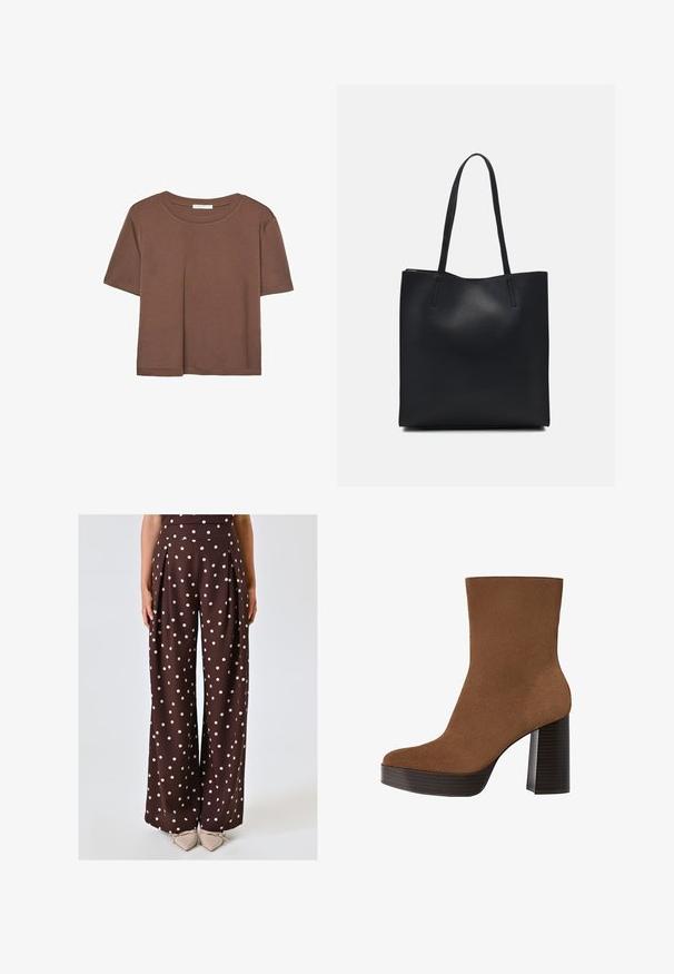 Braunes, kurzärmliges T-Shirt aus weichem Material mit rundem Halsausschnitt und lockerer Passform. Keine sichtbaren Muster oder Akzente.; Braune, weite Hose mit cremefarbenen Punkten und Falten; glattes Material; hohe Taille; keine Taschen; kombiniert mit hellen, spitzen Ballerinas.; Braunes Wildleder-Ankle Boot mit runder Spitze, klobigem schwarz gestreiften Absatz und glatter Oberfläche. Besitzt ein enganliegendes Design ohne sichtbare Beschläge.; Schwarze Laptoptasche aus Leder mit glatter Textur, rechteckiger Form und zwei langen Griffen. Keine sichtbaren Beschläge oder Verzierungen.