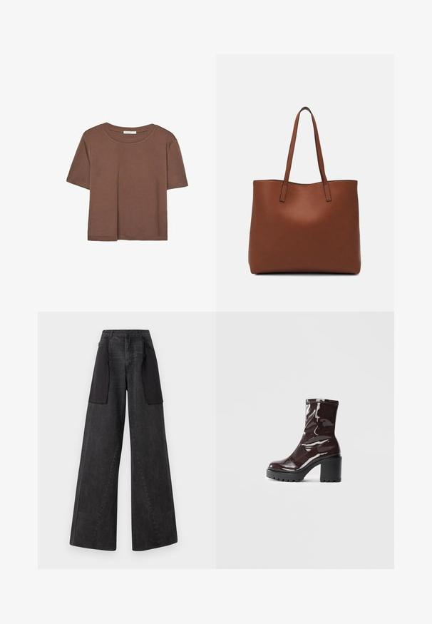 Korte mouwen T-shirt in bruin, gemaakt van een zachte stof, met een ronde halslijn en een relaxte pasvorm. Geen zichtbare patronen of accenten.; Wijde jeans van donker denim met zwarte stoffen panelen aan de zijkanten, met een hoge taille en zichtbare stiksels.; Glanzende bordeauxrode enkelboot met een chunky zwarte hak, met een gladde textuur en een eenvoudig ontwerp. Geen zichtbare sluitingen of patronen.; Bruine leren tote bag met een gladde textuur, een ontwerp met een open bovenkant en twee schouderbanden. Kenmerkt zich door minimale stiksels en geen zichtbare hardware.