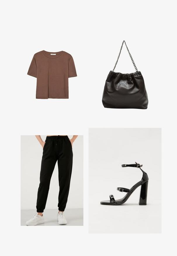 Braunes, kurzärmliges T-Shirt aus weichem Material mit rundem Halsausschnitt und lockerer Passform. Keine sichtbaren Muster oder Akzente.; Schwarze Jogginghosen aus weichem Baumwollmix, ausgestattet mit einem elastischen Bund, Seitentaschen und schmal zulaufenden Knöcheln. Kombiniert mit weißen Sneakers.; Schwarze patentierte Sandalen mit Absatz, quadratischer Spitze, Knöchelriemen und silbernen Schnallen. Mit einem stabilen Blockabsatz für mehr Stabilität.; Braune Lederhandtasche mit gerafftem Oberteil und Kettenriemen. Glatte Textur mit glänzendem Finish und subtilen Nahtdetails an den Seiten.