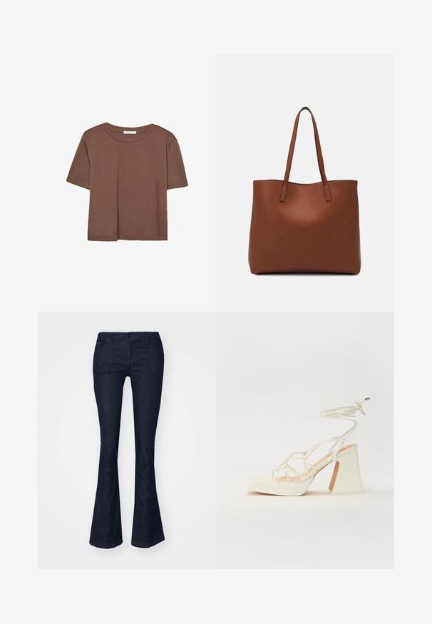 T-shirt marron à manches courtes en tissu doux, avec un col rond et une coupe décontractée. Aucun motif ni accent visible.; Jean flare en denim affichant une taille mi-haute, avec poches avant et fermeture à bouton. Texture lisse et finition soignée.; Sandale blanche à talons hauts avec un talon épais, présentant un design à lanières et un lien autour de la cheville. Texture lisse avec une plateforme à l'avant pour une hauteur supplémentaire.; Sac fourre-tout en cuir marron avec une texture lisse, design à ouverture supérieure et deux poignées pour le porter à l'épaule. Présente des coutures minimales et aucun matériel visible.