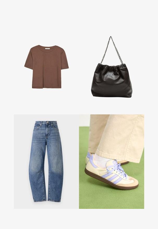 Kahvinsävyinen lyhythihainen t-paita, joka on valmistettu pehmeästä kankaasta. Pyöreä pääntie ja rento malli. Ei näkyviä kuvioita tai koristeita.; Korkeavyötäröiset siniset farkut, joissa on rento malli, perinteinen viiden taskun muotoilu ja näkyvät saumat.; Kermasilta ja laventelilta näyttävät lenkkarit kolmella raidalla ja teksturoidulla ruskealla pohjalla, varustettuna nauhoilla ja pehmustetulla kantapäällä. Pehmeä kangaspinta.; Ruskea nahkainen laukku, jossa on kerätty yläosa ja ketjuhihna. Tasainen pinta, jossa kiiltävä viimeistely ja hienovaraiset sauman yksityiskohdat sivuilla.