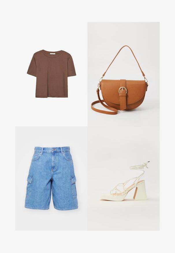 Brun kortärmad t-shirt i mjukt tyg, med rund halsringning och avslappnad passform. Inga synliga mönster eller detaljer.; Denim cargo shorts i ljusblått, med två sidfickor, knappstängning, bälteshällor och en avkopplande passform. Slät tygtextur.; Vit högklackad sandal med en kraftig klack, med ett remdesign och ankelband. Slät textur med en plattform framtill för ökad höjd.; Brun läder crossbody-väska med en böjd form, gyllene detaljer och en spänneaccent. Har en avtagbar axelrem.