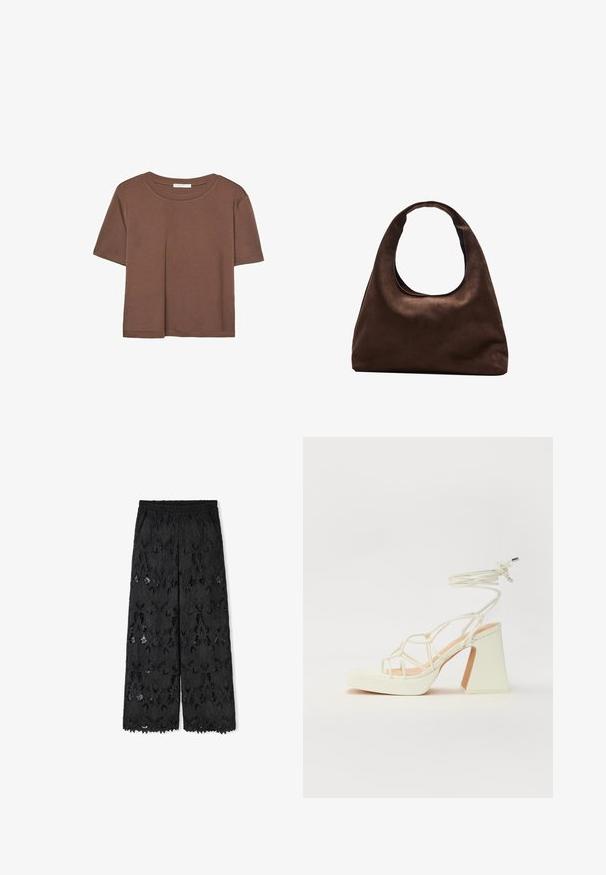 Maglietta a maniche corte marrone realizzata in tessuto morbido, con scollatura rotonda e vestibilità rilassata. Nessun motivo o dettaglio visibile.; Pantaloni larghi neri realizzati in pizzo con motivi floreali. Presentano un elastico in vita e un orlo scallop. Tessuto semitrasparente.; Sandalo bianco con tacco alto, caratterizzato da un design a cinturini e un legaccio alla caviglia. Texture liscia con una piattaforma frontale per un'altezza aggiuntiva.; Borsa hobo di un morbido marrone con una sola tracolla larga e un'apertura a manico curvo, esposta su uno sfondo bianco.