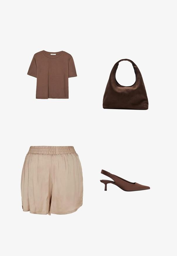Braunes, kurzärmliges T-Shirt aus weichem Material mit rundem Halsausschnitt und lockerer Passform. Keine sichtbaren Muster oder Akzente.; Beige, leichte Stoffshorts mit einem elastischen Bund und einer lockeren Passform, die eine glatte Textur und einen abgerundeten Saum aufweisen.; Braune Slingback-High-Heels mit spitzer Zehe, glatter Textur, schlankem Absatz in mittlerer Höhe und minimalistischen Design.; Weiche braune Hobo-Stil Handtasche mit einem einzigen breiten Trageriemen und einer geschwungenen Oberteilöffnung, auf einem weißen Hintergrund präsentiert.