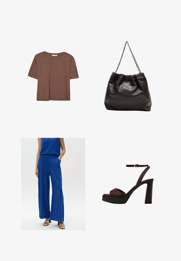 Korte mouwen T-shirt in bruin, gemaakt van een zachte stof, met een ronde halslijn en een relaxte pasvorm. Geen zichtbare patronen of accenten.; Blauwe wijde broek met een elastische tailleband en zijzakken, gemaakt van een lichtgewicht stof. Gecombineerd met zwarte sandalen met bandjes.; Bruine suède high-heeled sandaal met een open teen, verstelbare enkelband en een gestreepte plateauzool.; Bruine leren tas met een geplooide bovenkant en een kettinghengsel. Glad textuur met een glanzende afwerking en subtiele naaddetails aan de zijkanten.