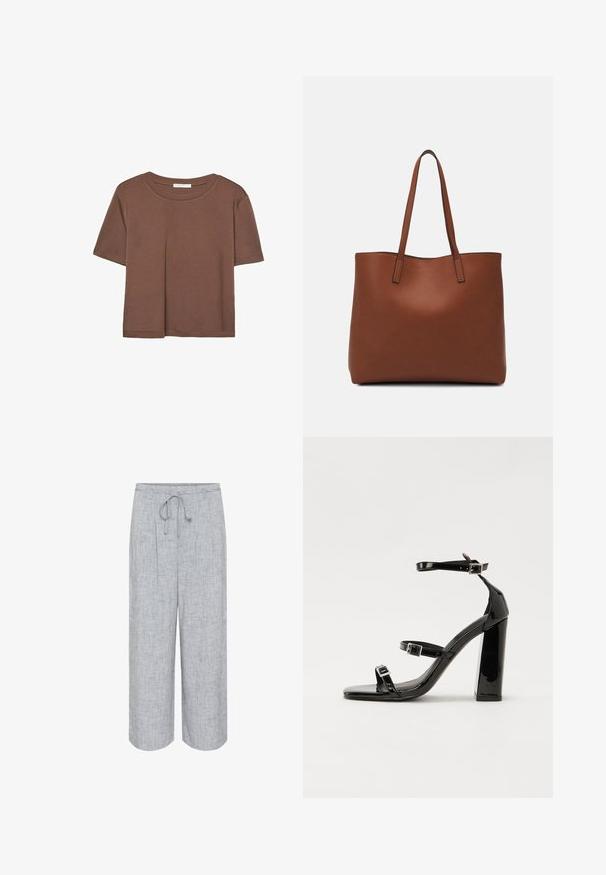 Hnedé tričko s krátkym rukávom vyrobené z jemného materiálu, s okrúhlym výstrihom a voľným strihom. Žiadne viditeľné vzory ani akcenty.; Svetlošedé široké nohavice z texturovanej tkaniny s elastickým pásom a jemným vzorom, s pukmi pre zvýraznenie detailu.; Čierne lakované sandále na podpätku so štvorcovou špičkou, navlečenými remienkami okolo členku a striebornými prackami. Disponujú masívnym blokovým podpätkom pre stabilitu.; Hnedá kožená taška na rameno s hladkou textúrou, otvoreným vrchom a dvoma ramenými popruhmi. Má minimálne šitia a žiadne viditeľné kovania.