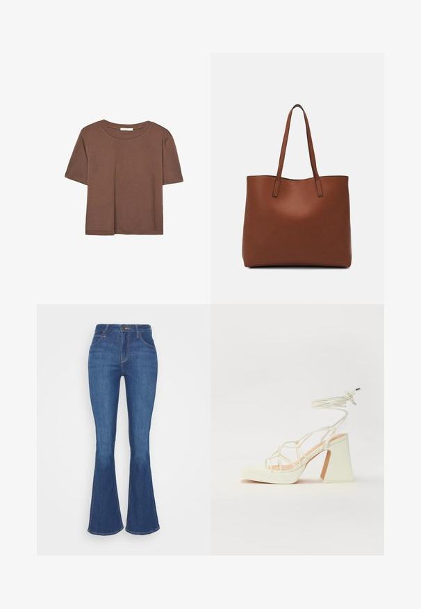Brown short-sleeve t-shirt made of soft fabric, with a round neckline and relaxed fit. No visible patterns or accents.; Dark blue flared jeans made of denim, featuring a high waist, front pockets, and visible stitching accents. Classic five-pocket design.; White high-heeled sandal with a chunky heel, featuring a strappy design and ankle tie. Smooth texture with a platform front for added height.; Brown leather tote bag with a smooth texture, open top design, and two shoulder straps. Features minimal stitching and no visible hardware.
