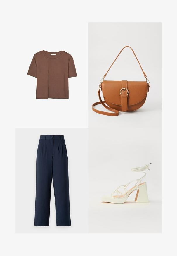 Brązowa koszulka z krótkim rękawem, wykonana z miękkiego materiału, z okrągłym dekoltem i luźnym krojem. Brak widocznych wzorów lub akcentów.; Granatowe spodnie o szerokich nogawkach z gładką fakturą, z plisami z przodu, szlufkami na pasek i kieszeniami bocznymi.; Biała sandał na wysokim obcasie z masywnym słupkiem, z paskowym wzorem i wiązaniem przy kostce. Gładka faktura z platformą z przodu dla dodatkowej wysokości.; Brązowa skórzana torba na ramię o zaokrąglonym kształcie, ze złotymi akcentami i zapięciem w formie klamry. Posiada odpinany pasek na ramię.