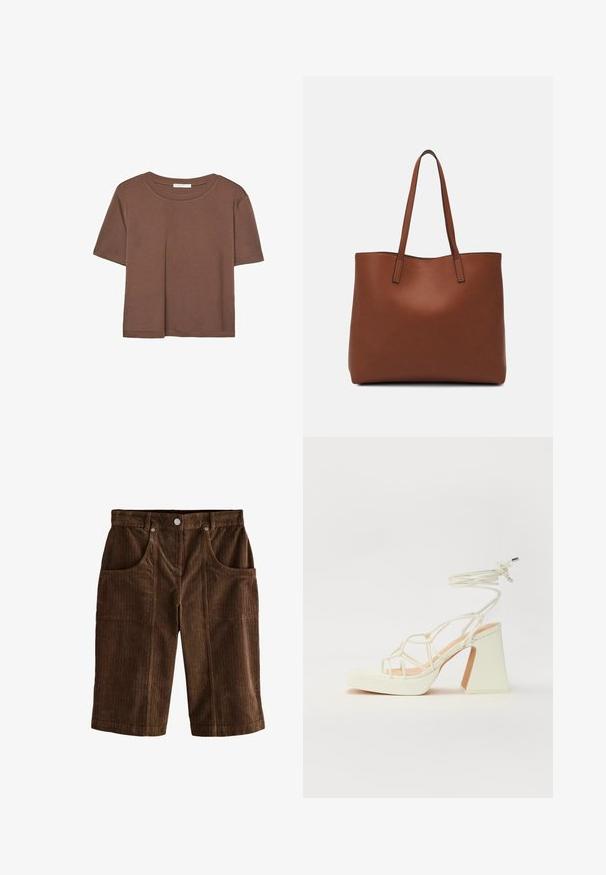 Brun kortærmet t-shirt lavet af blødt stof, med rund halsudskæring og afslappet pasform. Ingen synlige mønstre eller detaljer.; Brune fløjlshorts med et struktureret lodret stribemønster, to frontlommer og en knaplukning i taljen.; Hvide højhælede sandaler med en kraftig hæl, der har et stropdesign og ankelbinding. Glat tekstur med en platform foran for ekstra højde.; Brun læder tote taske med en glat overflade, åben topdesign og to skulderremme. Har minimal syning og ingen synlig hardware.