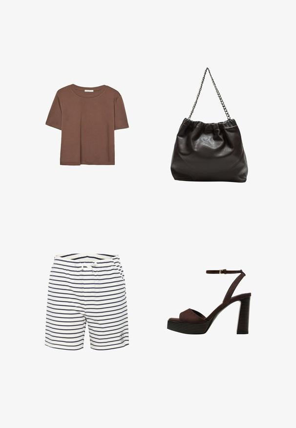 Brązowa koszulka z krótkim rękawem, wykonana z miękkiego materiału, z okrągłym dekoltem i luźnym krojem. Brak widocznych wzorów lub akcentów.; Pasiaste krótkie spodenki kąpielowe w kolorze białym i granatowym, z elastycznym paskiem w talii i sznurkiem ściągającym, oraz małym detalem z logo na dolnym przodzie.; Brązowe zamszowe sandały na wysokim obcasie z odkrytymi palcami, regulowanym paskiem na kostce i paskowatą podeszwą.; Brązowa skórzana torba z marszczonym szczytem i łańcuszkowym paskiem. Gładka tekstura z błyszczącym wykończeniem i subtelnymi detalami szwów po bokach.