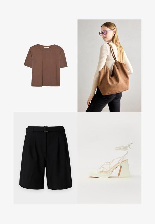 Hnedé tričko s krátkym rukávom vyrobené z jemného materiálu, s okrúhlym výstrihom a voľným strihom. Žiadne viditeľné vzory ani akcenty.; Čierne na mieru šité šortky s hladkou textúrou, so širokým pásom a detailom z kovovej pracky. Štruktúrovaný dizajn a plisovaná predná časť.; Biele sandále na vysokom opätku s hrubým podpätkom, s pruhovaným dizajnom a viazaním na členku. Hladký povrch s platformou vpredu pre zvýšenú výšku.; Hnedá semišová taška na rameno s mäkkou textúrou, veľkým otvorom a dlhými popruhmi. Má jednoduchý dizajn s viditeľným šitím a bez kovových prvkov.