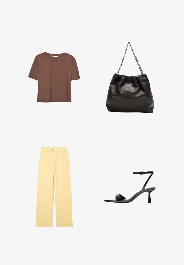 Maglietta a maniche corte marrone realizzata in tessuto morbido, con scollatura rotonda e vestibilità rilassata. Nessun motivo o dettaglio visibile.; Jeans gialli a gamba larga con vita alta, dotati di cinque tasche, passanti per cintura e hardware in metallo argentato, realizzati in denim di cotone.; Bershka Sandali con tacco - black; Borsa in pelle marrone con parte superiore arricciata e tracolla a catena. Texture liscia con finitura lucida e dettagli di cucitura sottili sui lati.