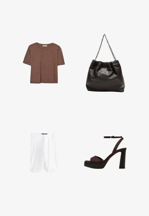 T-shirt marron à manches courtes en tissu doux, avec un col rond et une coupe décontractée. Aucun motif ni accent visible.; Leggings blancs en tissu extensible, dotés d'une taille élastique et d'une texture lisse. Pas de motifs ni de détails supplémentaires visibles.; Sandale à talons hauts en suede marron avec un bout ouvert, une bride de cheville réglable et une semelle de plateforme rayée.; Sac en cuir marron avec un haut froncé et une bandoulière en chaîne. Texture lisse avec une finition brillante et des coutures subtiles sur les côtés.