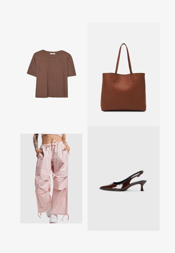 Smeđi kratki rukav majica od mekog materijala, s okruglim izrezom i opuštenim krojem. Nema vidljivih uzoraka ili naglasaka.; Ružičaste, lagane, oversized hlače s elastičnom urezom, detaljem za vezivanje i bočnim džepovima. Glatka tekstura s minimalnim naglasima brendiranja.; Smeđe patentne kožne cipele s otvorenom petom, špicastim vrhom i umjerenom petom. Imaju remen s kopčom za sigurno pristajanje. Glatka tekstura.; Smeđa kožna torba preko ramena s glatkom teksturom, otvorenim vrhom i dvjema naramenicama. Ima minimalne šavove i nema vidljivog hardvera.