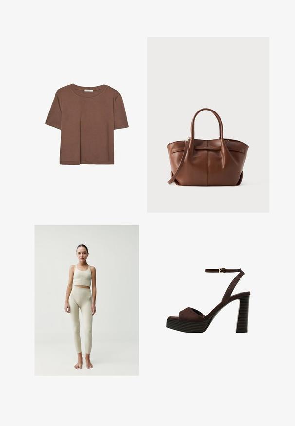 Kahvinsävyinen lyhythihainen t-paita, joka on valmistettu pehmeästä kankaasta. Pyöreä pääntie ja rento malli. Ei näkyviä kuvioita tai koristeita.; Vaaleanbeige kuntoseti, joka on valmistettu venyvästä kankaasta. Sisältää tiukan crop-topin olkaimilla ja korkeavyötäröiset legginsit, joissa on teksturoitu paneeli.; Ruske kožne sandale s visokom potpeticom, otvorenim prstima, podesivim kopčanjem oko gležnja i prugastim platformskim đonom.; Ruskea nahkainen käsilaukku, jossa on kaksi lyhyttä kantohihnaa, irrotettava olkahihna ja etuosan logoelementti. Sileä pinta ja jämäkkä muoto.