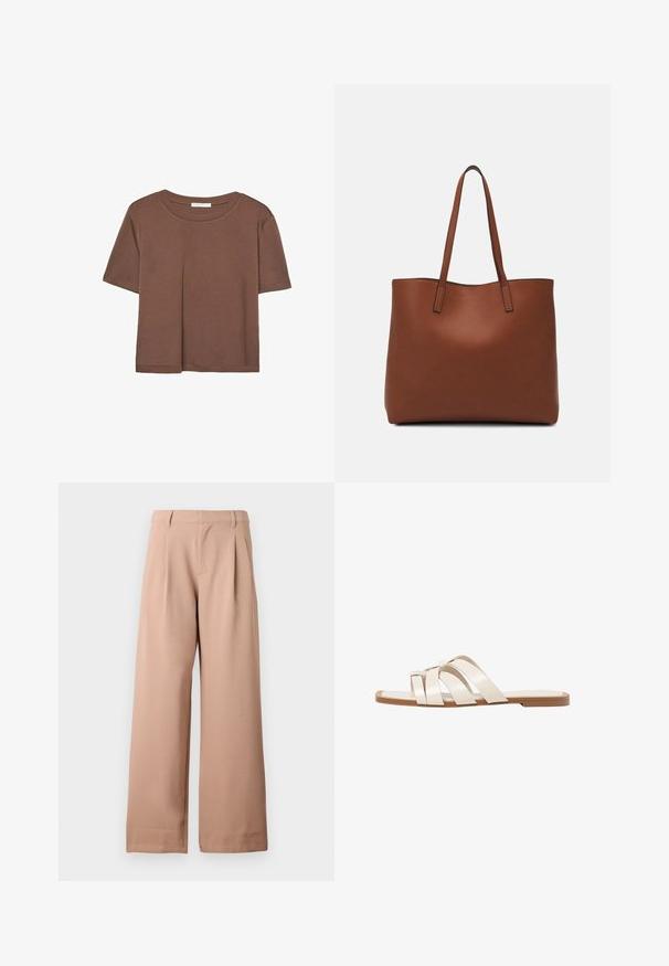 Brun kortærmet t-shirt lavet af blødt stof, med rund halsudskæring og afslappet pasform. Ingen synlige mønstre eller detaljer.; Beige bukser med bred benvidde, bæltesløjfer, læg ved taljen og flad front, præsenteret mod en ensfarvet hvid baggrund.; Flade sandaler med en lys gummisål, designet med tre overlappende hvide læderremme og en lille sløjfe detalje i midten.; Brun læder tote taske med en glat overflade, åben topdesign og to skulderremme. Har minimal syning og ingen synlig hardware.