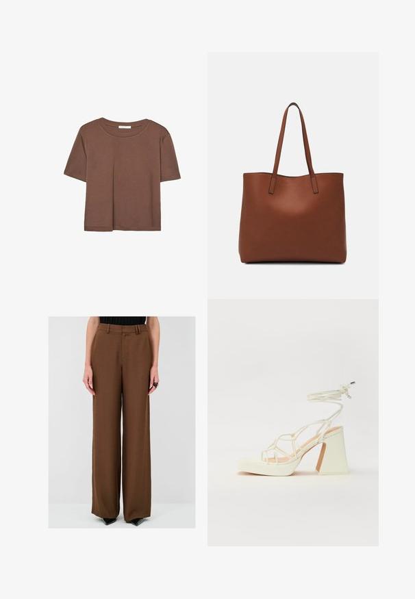 Kahvinsävyinen lyhythihainen t-paita, joka on valmistettu pehmeästä kankaasta. Pyöreä pääntie ja rento malli. Ei näkyviä kuvioita tai koristeita.; Ruskeat leveät housut, joissa on sileä pinta, varustettu vyölenkeillä ja laskoksilla, yhdistetty mustiin korkokenkiin erottuvan ilmeen saavuttamiseksi.; Valkoinen korkokenkä, jossa on paksu korko, ja joka sisältää nauhakiinnityksen ja nilkkaketjun. Sujuva pinta, jossa on platform-etupohja lisäkorkeutta varten.; Ruskea nahkainen olkalaukku, jossa on sileä pinta, avoin yläosa ja kaksi olkahihnaa. Omaavat vain minimaalisen ompelun eikä näkyvää metalliosaa.