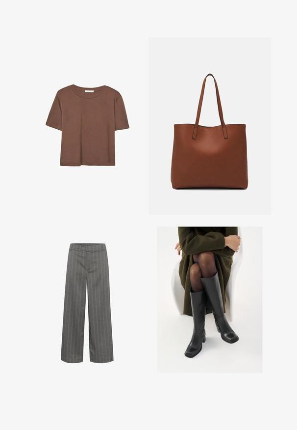 Maglietta a maniche corte marrone realizzata in tessuto morbido, con scollatura rotonda e vestibilità rilassata. Nessun motivo o dettaglio visibile.; Pantaloni grigi a gamba larga con delicate righe verticali bianche, realizzati in tessuto liscio, dotati di una vita piana e tasche frontali.; Stivali neri in pelle alti fino al ginocchio con punta squadrata e tacco a blocco, mostrati con un modello seduto in un cappotto verde oliva. Texture liscia, dettagli minimi.; Borsa tote in pelle marrone con texture liscia, design con apertura superiore e due spallacci. Presenta cuciture minime e nessun hardware visibile.