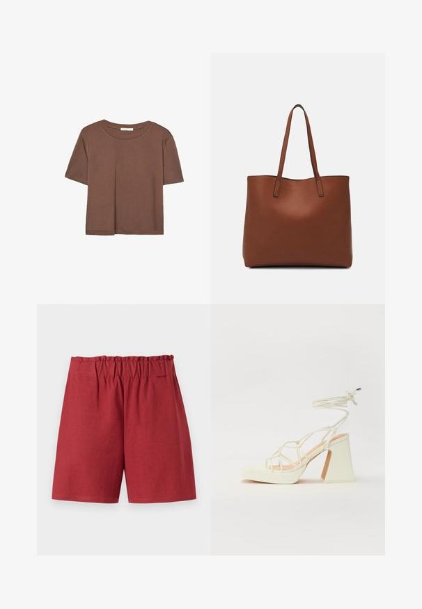 Brun kortærmet t-shirt lavet af blødt stof, med rund halsudskæring og afslappet pasform. Ingen synlige mønstre eller detaljer.; Røde shorts med elastisk talje, der har en afslappet pasform og en glat bomuldsstruktur. Kantene er lige uden synlige mønstre eller dekorationer.; Hvide højhælede sandaler med en kraftig hæl, der har et stropdesign og ankelbinding. Glat tekstur med en platform foran for ekstra højde.; Brun læder tote taske med en glat overflade, åben topdesign og to skulderremme. Har minimal syning og ingen synlig hardware.