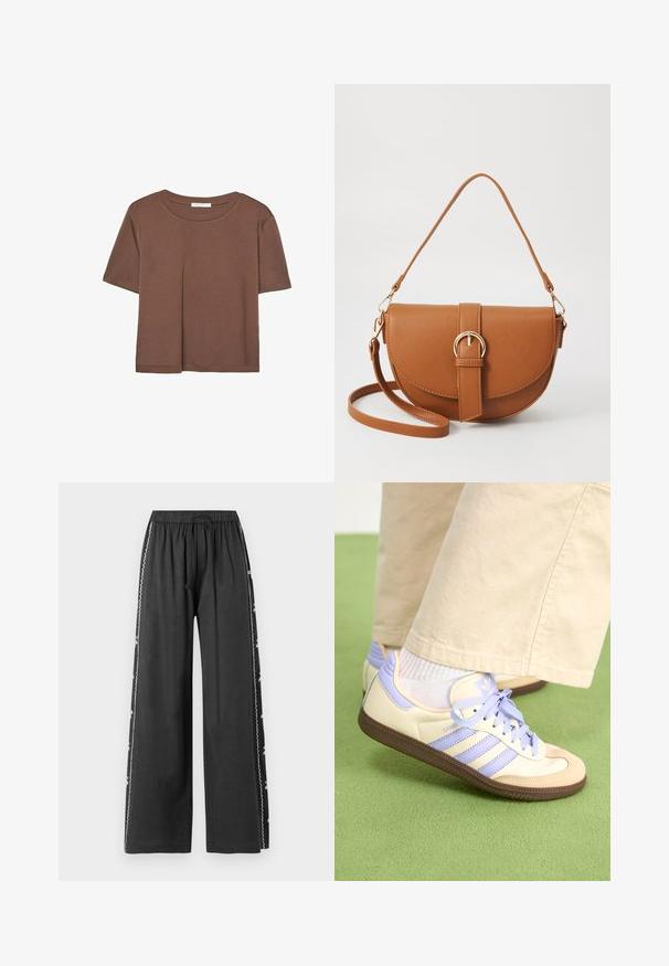 Brun kortærmet t-shirt lavet af blødt stof, med rund halsudskæring og afslappet pasform. Ingen synlige mønstre eller detaljer.; Sorte brede bukser med elastisk talje og snøre, der har hvide broderede detaljer langs sidesømmen. Glat tekstur.; Creme og lavendel sneakers med tre striber og en tekstureret brun sål, der har snørebånd og en polstret hæl. Blødt stof øvre.; Brun læder crossbody taske med en buet form, guldfarvet hardware og en spændeaccent. Har en aftagelig skulderrem.