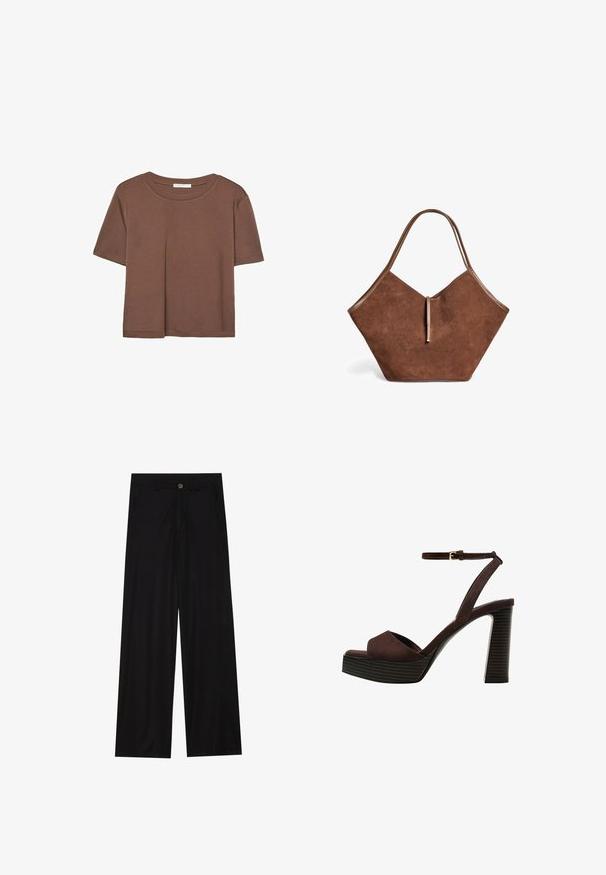 Braunes, kurzärmliges T-Shirt aus weichem Material mit rundem Halsausschnitt und lockerer Passform. Keine sichtbaren Muster oder Akzente.; Schwarz weit geschnittene Hose aus einem glatten Stoff, mit frontalen Taschen und einem Knopfverschluss an der Taille. Minimalistisches Design ohne Muster.; Braune Wildleder-Pumps mit offenem Zeh, verstellbarem Knöchelriemen und gestreiftem Plateausohlen.; Braune Wildleder-Tasche mit Lederbesatz und einem dünnen Riemenverschluss, die eine weiche, breite und leicht kantige Form aufweist.