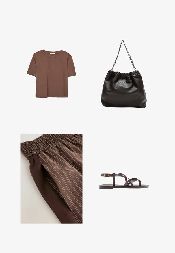Maglietta a maniche corte marrone realizzata in tessuto morbido, con scollatura rotonda e vestibilità rilassata. Nessun motivo o dettaglio visibile.; Gonna plissettata marrone con vita elasticizzata, caratterizzata da righe verticali in tonalità più chiare. Tessuto liscio che si drappeggia morbido.; Sandal in pelle marrone con cinturini incrociati, chiusura con cinturino alla caviglia e suola piatta con dettagli di cucitura minimi.; Borsa in pelle marrone con parte superiore arricciata e tracolla a catena. Texture liscia con finitura lucida e dettagli di cucitura sottili sui lati.