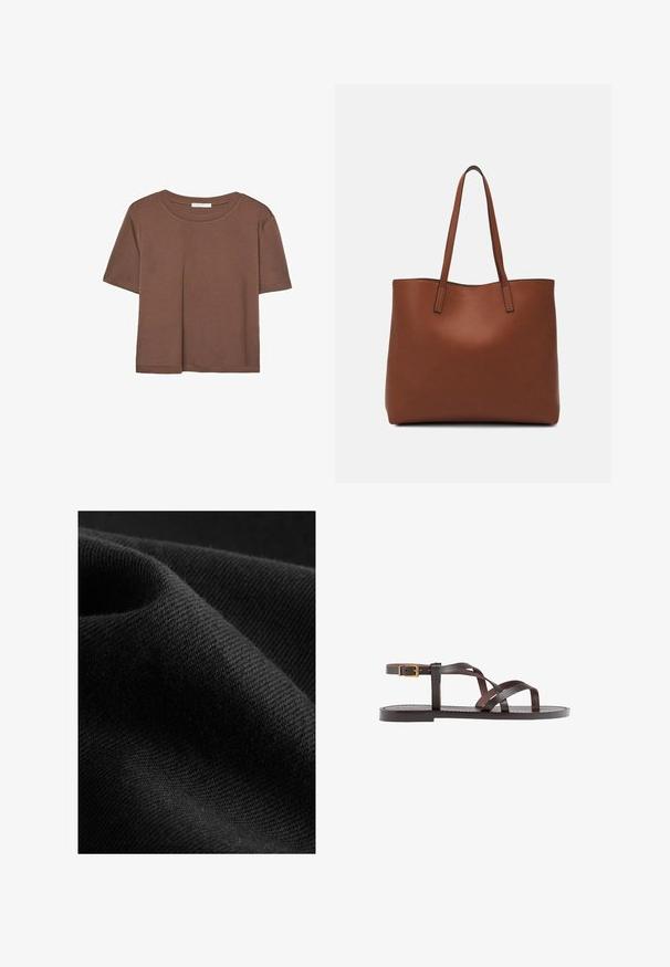 Brown short-sleeve t-shirt made of soft fabric, with a round neckline and relaxed fit. No visible patterns or accents.; Black fabric with a smooth texture and a subtle sheen, featuring a diagonal weave pattern and soft, flexible drape.; Brown leather sandal featuring crisscross straps, an ankle buckle closure, and a flat sole with minimal stitching details.; Brown leather tote bag with a smooth texture, open top design, and two shoulder straps. Features minimal stitching and no visible hardware.