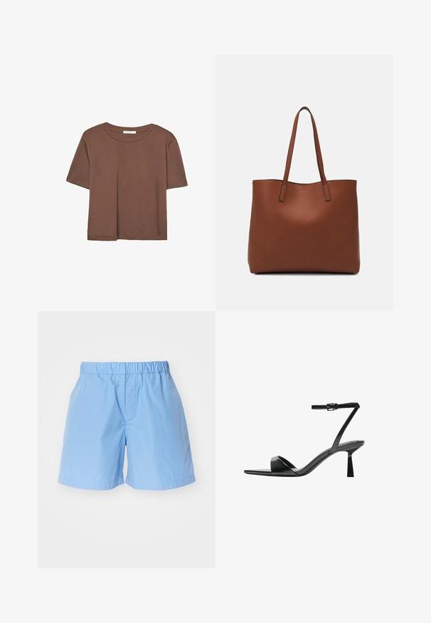 Brun kortärmad t-shirt i mjukt tyg, med rund halsringning och avslappnad passform. Inga synliga mönster eller detaljer.; Ljusblå bomullsshorts med elastisk midja, med en enkel design och subtila sömdetaljer. Lämpliga för vardagligt bruk.; Bershka Sandaletter - black; Brun läder tote-väska med en slät textur, öppen toppdesign och två axelremmar. Har minimal söm och ingen synlig metalldetalj.
