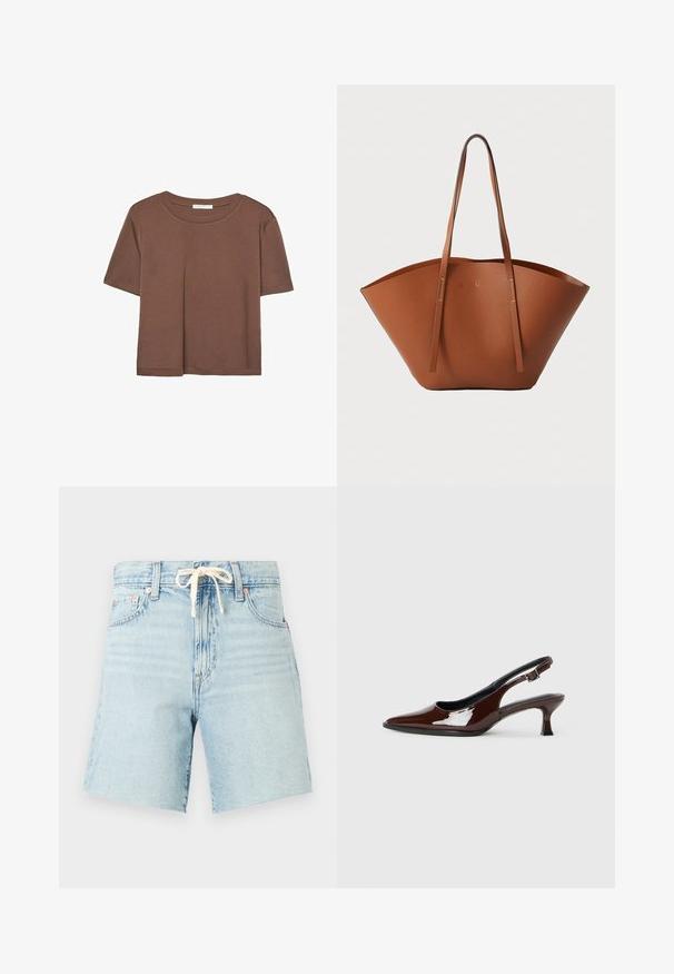 Rjava kratka majica s kratkimi rokavi iz mehkega materiala, s krožnim izrezom in ohlapnim krojem. Brez vidnih vzorcev ali dodatkov.; Svetlo modri kavbojci s kratkimi hlačami in vrvico v pasu, rahlo raztrgan rob, in pet žepov. Imajo zbledel videz in naglavne zlitine v bakerju.; Rjavi lakirani slingback čevelj z ostro konico in zmerno peto. Ima zaponko za varno prileganje. Gladka tekstura.; Rjava usnjena torba tote z široko, strukturirano obliko, tankimi ročaji in teksturirano površino. Opremljena je z minimalističnim oblikovanjem brez vidne opreme.