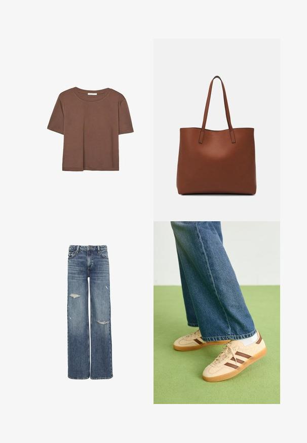 Brązowa koszulka z krótkim rękawem, wykonana z miękkiego materiału, z okrągłym dekoltem i luźnym krojem. Brak widocznych wzorów lub akcentów.; Dżinsy o szerokich nogawkach w średnio niebieskim kolorze, z przetarciami i dziurami, klasycznym pięci pocketsowym fasonem oraz talią z paskiem.; Beżowe sneakersy z fakturowanymi kremowymi panelami i brązowymi paskami, w połączeniu z niebieskimi dżinsami. Dżinsy mają szerokie nogawki i postrzępione wykończenie.; Brązowa skórzana torba tote o gładkiej fakturze, z otwartym wierzchem i dwoma ramiączkami. Charakteryzuje się minimalnym przeszyciem i brakiem widocznych elementów metalowych.