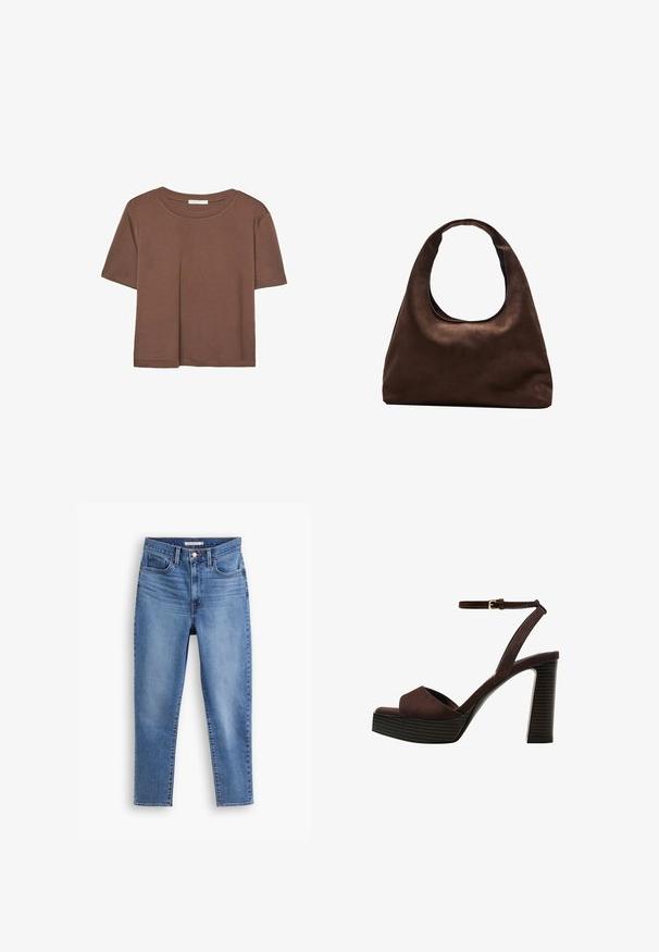 Smeđi kratki rukav majica od mekog materijala, s okruglim izrezom i opuštenim krojem. Nema vidljivih uzoraka ili naglasaka.; Plave ženske traperice visokog struka s prednjim gumbom i patentnim zatvaračem, petljama za remen i dizajnom s pet džepova, položene na bijeloj pozadini.; Smeđe zamšaste sandale s visokim potpeticama, otvorenim prstima, podesivom trakicom oko gležnja i prugastom platformom.; Meka mekana smeđa torba hobo stila s jednim širokim remenom i zakrivljenim otvaranjem na vrhu, prikazana na bijeloj pozadini.