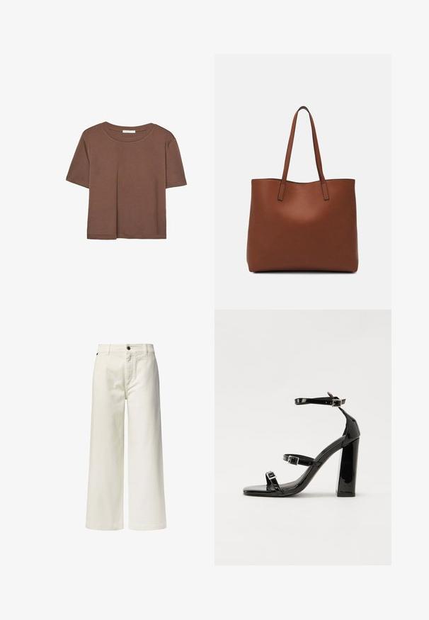 Rjava kratka majica s kratkimi rokavi iz mehkega materiala, s krožnim izrezom in ohlapnim krojem. Brez vidnih vzorcev ali dodatkov.; Bela, široka hlače iz bombaža z sprednjimi žepi, gumbnim zapiranjem in čistim, enostavnim dizajnom.; Črne lakirane sandale s peto, kvadratnim prstom, trakovi okrog gležnja in srebrnimi zaponkami. Opremljene so s stabilno Debelo peto.; Rjava usnjena torba z gladko teksturo, odprto zasnovo zgoraj in dvema naramnima trakovoma. Opremljena je z minimalnim šivanjem in brez vidnih kovinskih delov.