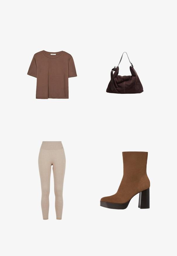 Brun kortärmad t-shirt i mjukt tyg, med rund halsringning och avslappnad passform. Inga synliga mönster eller detaljer.; Beiga ribbade leggings med hög midja, tillverkade av ett mjukt, elastiskt tyg för komfort och rörelsefrihet.; Brun mockaskinnsankleboot med rund tå, chunky svartrandig klack och en slät yta. Har en figurnära design utan synlig hårdvara.; Mörkbrun mocka hobo axelväska med bred justerbar läderrem och mjuk, slapp design på vit bakgrund.