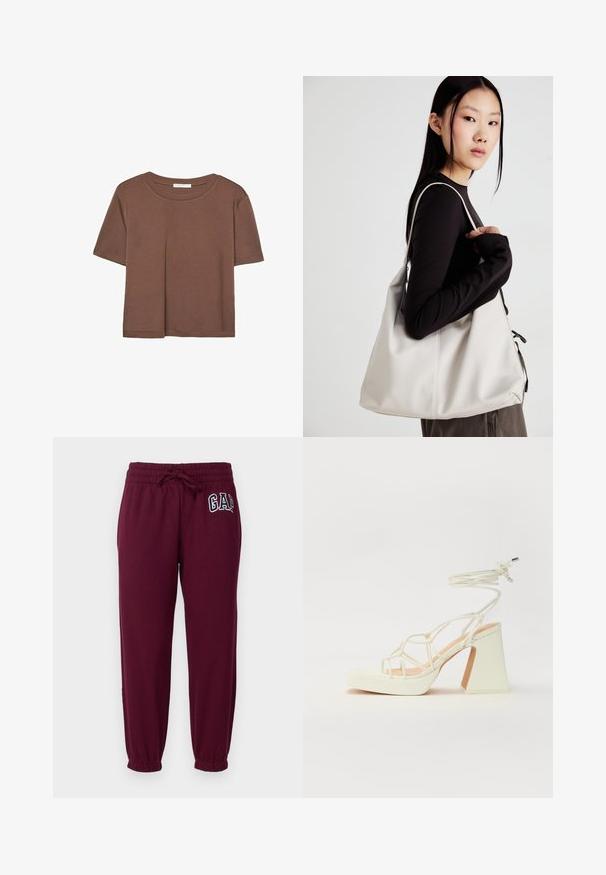 Brun kortærmet t-shirt lavet af blødt stof, med rund halsudskæring og afslappet pasform. Ingen synlige mønstre eller detaljer.; GAP Petite HERITAGE - Træningsbukser - ruby wine; Hvide højhælede sandaler med en kraftig hæl, der har et stropdesign og ankelbinding. Glat tekstur med en platform foran for ekstra højde.; Beige håndtaske lavet af blødt materiale med et slouchy design, stikninger og to skulderremme. Velegnet til daglig brug.