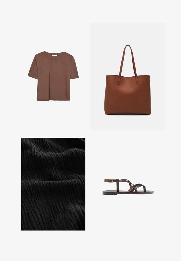 Maglietta a maniche corte marrone realizzata in tessuto morbido, con scollatura rotonda e vestibilità rilassata. Nessun motivo o dettaglio visibile.; Tessuto nero testurizzato con una superficie stropicciata, caratterizzato da linee pronunciate e variazioni di profondità, che indicano un materiale morbido.; Sandal in pelle marrone con cinturini incrociati, chiusura con cinturino alla caviglia e suola piatta con dettagli di cucitura minimi.; Borsa tote in pelle marrone con texture liscia, design con apertura superiore e due spallacci. Presenta cuciture minime e nessun hardware visibile.