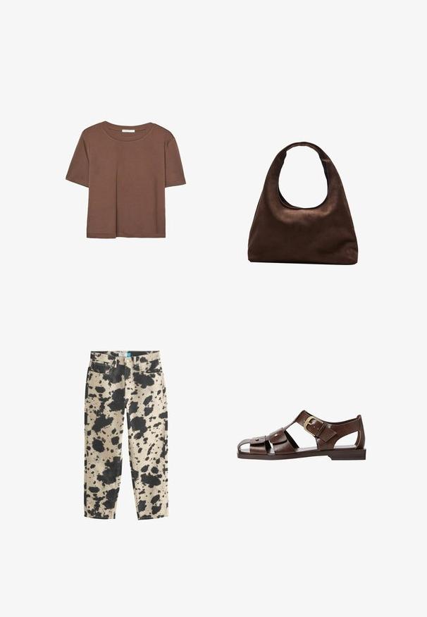 Maglietta a maniche corte marrone realizzata in tessuto morbido, con scollatura rotonda e vestibilità rilassata. Nessun motivo o dettaglio visibile.; Jeans in cotone beige con un motivo a macchie nere, caratterizzati da gambe dritte, cinque tasche e hardware in metallo. Bordo pulito ai polsini.; Sandal in pelle marrone con un design a intaglio, cinturino laterale regolabile e suola piatta, con dettagli metallici e punta aperta.; Borsa hobo di un morbido marrone con una sola tracolla larga e un'apertura a manico curvo, esposta su uno sfondo bianco.