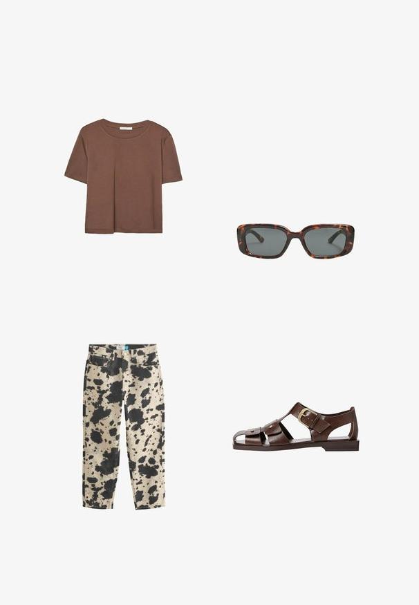 Maglietta a maniche corte marrone realizzata in tessuto morbido, con scollatura rotonda e vestibilità rilassata. Nessun motivo o dettaglio visibile.; Jeans in cotone beige con un motivo a macchie nere, caratterizzati da gambe dritte, cinque tasche e hardware in metallo. Bordo pulito ai polsini.; Sandal in pelle marrone con un design a intaglio, cinturino laterale regolabile e suola piatta, con dettagli metallici e punta aperta.; Occhiali da sole tartaruga con lenti rettangolari, montatura spessa e lenti scure. Texture liscia e design minimalista.