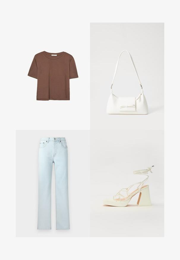 Smeđi kratki rukav majica od mekog materijala, s okruglim izrezom i opuštenim krojem. Nema vidljivih uzoraka ili naglasaka.; Svijetloplave traperice s ravnim nogavicama, koje imaju pet džepova, petlje za remen i dugme za zatvaranje u struku.; Bijela sandala na visokoj potpetici s debelim petom, s remenom i vezanjem oko gležnja. Glatka tekstura s platformom sprijeda za dodatnu visinu.; Bijela sintetička torbica s trokutastim oblikom, ravnim prednjim poklopcem i detaljem u obliku mašne, podesivom remenom, glatkom teksturom i minimalističkim dizajnom.