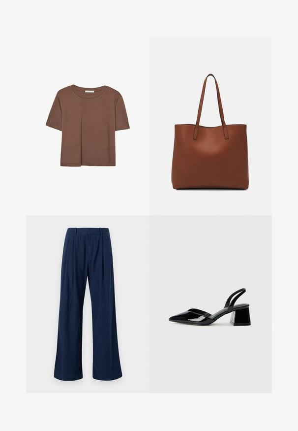 Brun kortärmad t-shirt i mjukt tyg, med rund halsringning och avslappnad passform. Inga synliga mönster eller detaljer.; Marinblå vida byxor i lätt tyg, med hög midja, veck och rena sömmar. Slät textur och skräddarsydd passform.; Svarta lackläder slingback klackar med spetsig tå och geometrisk klack. Har en elegant, minimalistisk design och slät yta.; Brun läder tote-väska med en slät textur, öppen toppdesign och två axelremmar. Har minimal söm och ingen synlig metalldetalj.