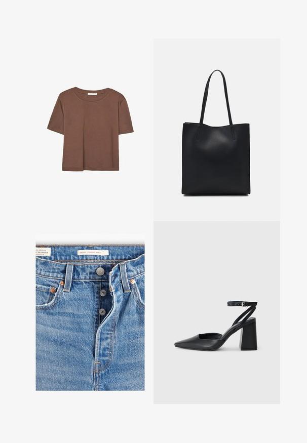 Kahvinsävyinen lyhythihainen t-paita, joka on valmistettu pehmeästä kankaasta. Pyöreä pääntie ja rento malli. Ei näkyviä kuvioita tai koristeita.; Vaaleansiniset farkut, joissa on suora nilkkaleikkaus. Mukana viisi taskua, kaksi metallipainiketta ja näkyvää oranssia ommelta. Tunnuksia on läsnä.; Mustat nahkakengät, joissa on kapea kärki, nilkkaremmi ja paksu korko. Tasainen pinta, tyylikäs muotoilu ja minimalistinen estetiikka.; Mustapahkainen kangaskassi, jossa on sileä pinta, suorakaiteen muotoinen ja kaksi pitkää kahvaa. Ei näkyvää metalliosaa tai koristeita.