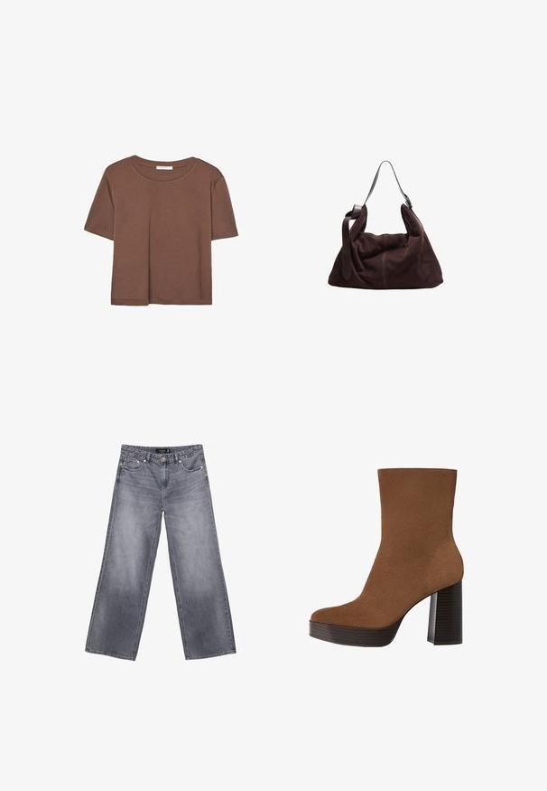 Rjava kratka majica s kratkimi rokavi iz mehkega materiala, s krožnim izrezom in ohlapnim krojem. Brez vidnih vzorcev ali dodatkov.; Široke sivo-denim jeans hlače z izbledelim zaključkom, zapiranje na gumb in dizajn s petimi žepi. Imajo dvojno šivanje in srebrne dodatke.; Rjavi semiš gležnjar z zaokroženim prstom, debelim črnima črtastim petam in gladko površino. Ima prilagojen dizajn brez vidne opreme.; Temno rjav sueden hobo torba za rame z širokim nastavljivim usnjenim trakom in mehkobo, udobno obliko na beli podlagi.