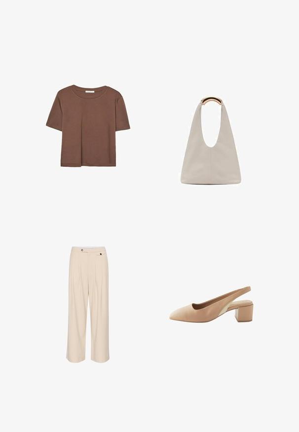 T-shirt marron à manches courtes en tissu doux, avec un col rond et une coupe décontractée. Aucun motif ni accent visible.; Pantalons larges beiges avec un devant plat, deux poches latérales, une fermeture à bouton et des détails plissés pour une texture et un design supplémentaires.; Chaussure slingback en cuir nude avec un bout pointu, un petit talon carré et un panneau latéral beige contrastant. Texture lisse, design minimaliste.; Sac en cuir gris clair avec un design en forme de U et une poignée métallique courbée. Texture lisse avec un minimum de coutures et sans motifs visibles.