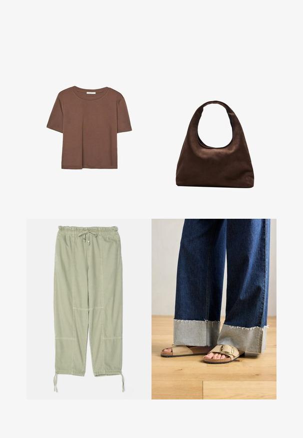Braunes, kurzärmliges T-Shirt aus weichem Material mit rundem Halsausschnitt und lockerer Passform. Keine sichtbaren Muster oder Akzente.; rag & bone JORDAN PANT - Stoffhose - jade; Füße in beigen Birkenstock-Sandalen mit goldenen Schnallen, kombiniert mit dunkelblauen Jeans, die an den Säumen hochgekrempelt sind, stehen auf einem Holzboden.; Weiche braune Hobo-Stil Handtasche mit einem einzigen breiten Trageriemen und einer geschwungenen Oberteilöffnung, auf einem weißen Hintergrund präsentiert.