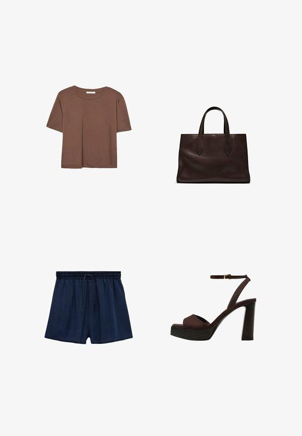 Brązowa koszulka z krótkim rękawem, wykonana z miękkiego materiału, z okrągłym dekoltem i luźnym krojem. Brak widocznych wzorów lub akcentów.; Granatowe szorty wykonane z lekkiego materiału, z elastycznym pasa ze sznurkowym zapięciem i luźnym krojem. Rękaw jest lekko postrzępiony.; Brązowe zamszowe sandały na wysokim obcasie z odkrytymi palcami, regulowanym paskiem na kostce i paskowatą podeszwą.; Brązowa skórzana torba tote z dwoma wydłużonymi uchwytami, usztywnionym prostokątnym kształtem, gładką teksturą i subtelnymi detalami przeszycia.
