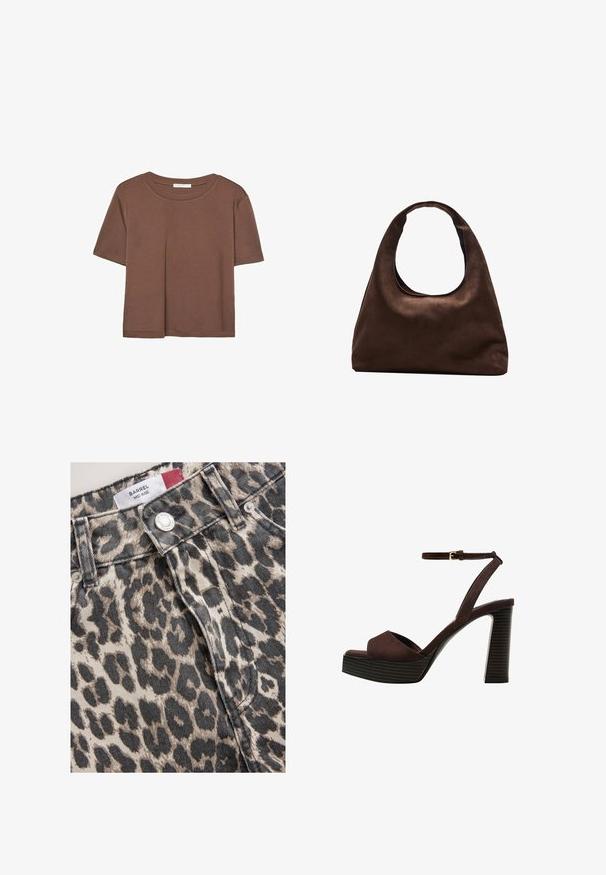 T-shirt marron à manches courtes en tissu doux, avec un col rond et une coupe décontractée. Aucun motif ni accent visible.; Le tissu en denim à imprimé léopard présente une coupe taille mi-haute avec une fermeture à bouton argenté. La texture est rugueuse, montrant un tissage denim naturel.; Sandale à talons hauts en suede marron avec un bout ouvert, une bride de cheville réglable et une semelle de plateforme rayée.; Sac à main en toile marron doux de style hobo avec une large sangle unique et une ouverture en haut arrondie, présenté sur un fond blanc.