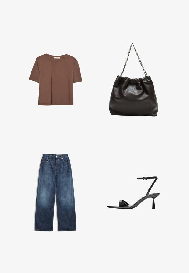 Smeđi kratki rukav majica od mekog materijala, s okruglim izrezom i opuštenim krojem. Nema vidljivih uzoraka ili naglasaka.; Široke traperice od tamnoplavog denima, s pet džepova, laganom šavom i kopčanjem na struku.; Bershka Sandale s visokom petom - black; Smeđa kožna torba s naboranim vrhom i lančićem za nošenje. Glatka tekstura s sjajnim završetkom i suptilnim šavnim detaljima sa strane.