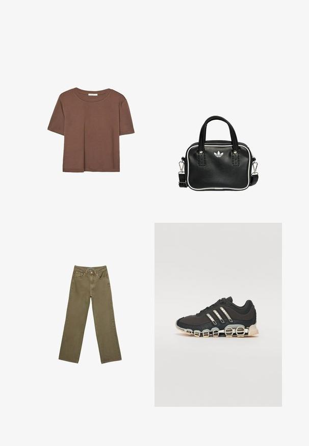 Braunes, kurzärmliges T-Shirt aus weichem Material mit rundem Halsausschnitt und lockerer Passform. Keine sichtbaren Muster oder Akzente.; Olivengrüne, weit geschnittene Jeans aus Baumwolle mit stabiler Textur. Sie verfügen über einen Reißverschluss, fünf Taschen und kontrastierende Nähte in der Nähe des Bundes.; Schwarzer Sportschuh mit einer strukturierten Oberseite, drei silbernen Streifen und einer markanten Dämpfungssohle mit mehreren integrierten Sektionen.; Schwarze Lederhandtasche mit zwei kurzen Griffen, silbernem Zubehör, weißen Akzenten und einem weißen Logo. Verfügt über eine strukturierte Oberfläche und ein kompaktes Design.