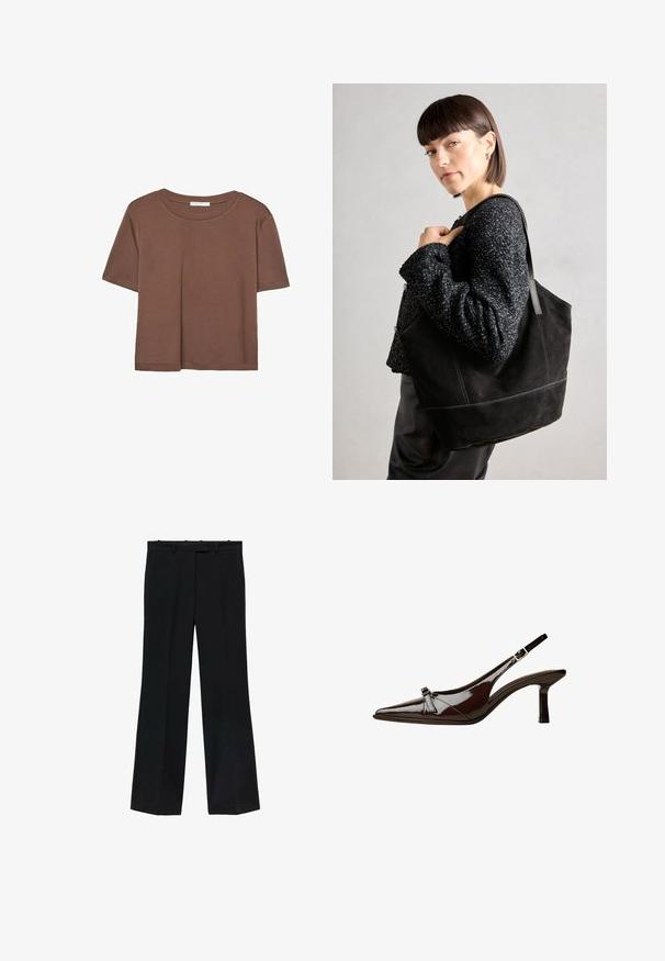 Hnedé tričko s krátkym rukávom vyrobené z jemného materiálu, s okrúhlym výstrihom a voľným strihom. Žiadne viditeľné vzory ani akcenty.; Čierne nohavice so striha s rovnými nohavicami, vyrobené z hladkého materiálu. Majú pás s pútkami na opasok a žiadne viditeľné označenia alebo ozdoby.; Hnedá laková slingback obuv s špicatou špičkou, nízkym opätkom a dekoratívnou mašľou vpredu. Hladká, lesklá štruktúra.; Čierna semišová taška so hladkou textúrou, štruktúrovaným tvarom a kontrastným šitím. Obsahuje dlhé popruhy na nosenie na ramene.