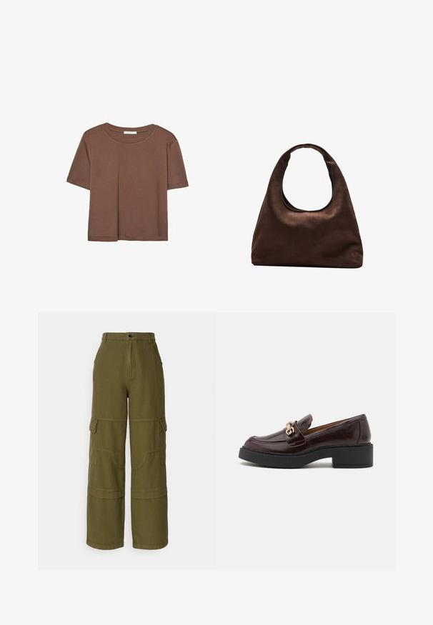 Hnědé tričko s krátkým rukávem vyrobené z měkké látky, s kulatým výstřihem a volným střihem. Bez viditelných vzorů nebo dekorací.; Olivově zelené cargo kalhoty s vysokým pasem, širokými nohavicemi, několika kapsami a kontrastním švem. Vyrobeno z odolného materiálu.; Hnědé kožené mokasíny se zlatou sponou, černým blokovým podpatkem a hladkým povrchem. Boční pohled ukazuje zaoblenou špičku a prošívané detaily.; Měkká hnědá kabelka ve stylu hobo s jedním širokým popruhem a zakřiveným horním otvorem, vystavená na bílém pozadí.